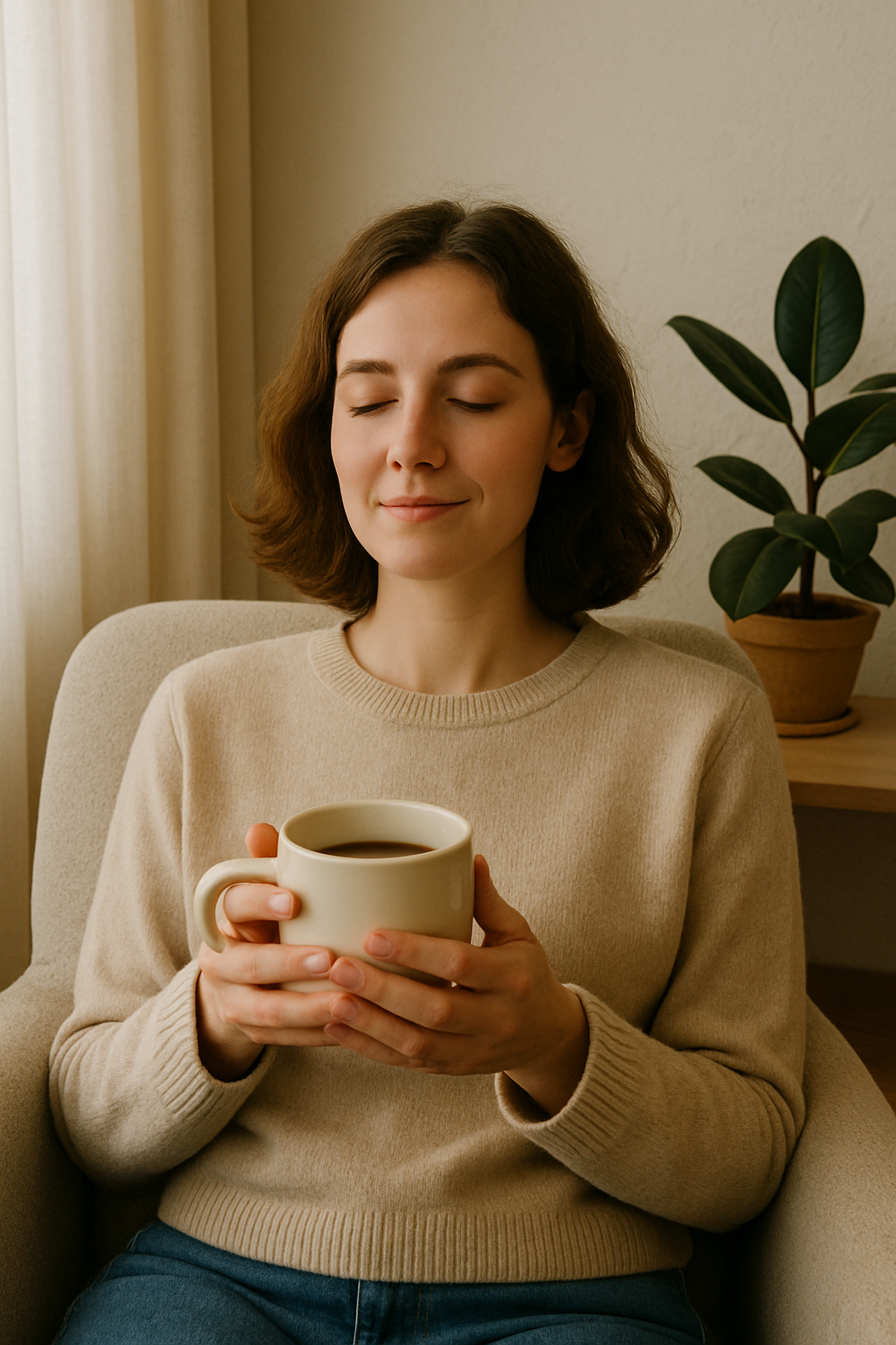 Mulher em ambiente aconchegante, olhos fechados e caneca nas mãos, transmitindo calma e leveza